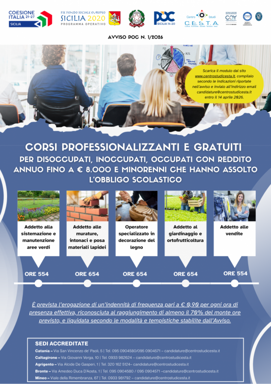 Avviso POC 1/2026: corsi gratuiti del Centro Studi C.E.S.T.A. per disoccupati, inoccupati, occupati con reddito annuo fino a € 8.000 e minorenni che hanno assolto l’obbligo scolastico